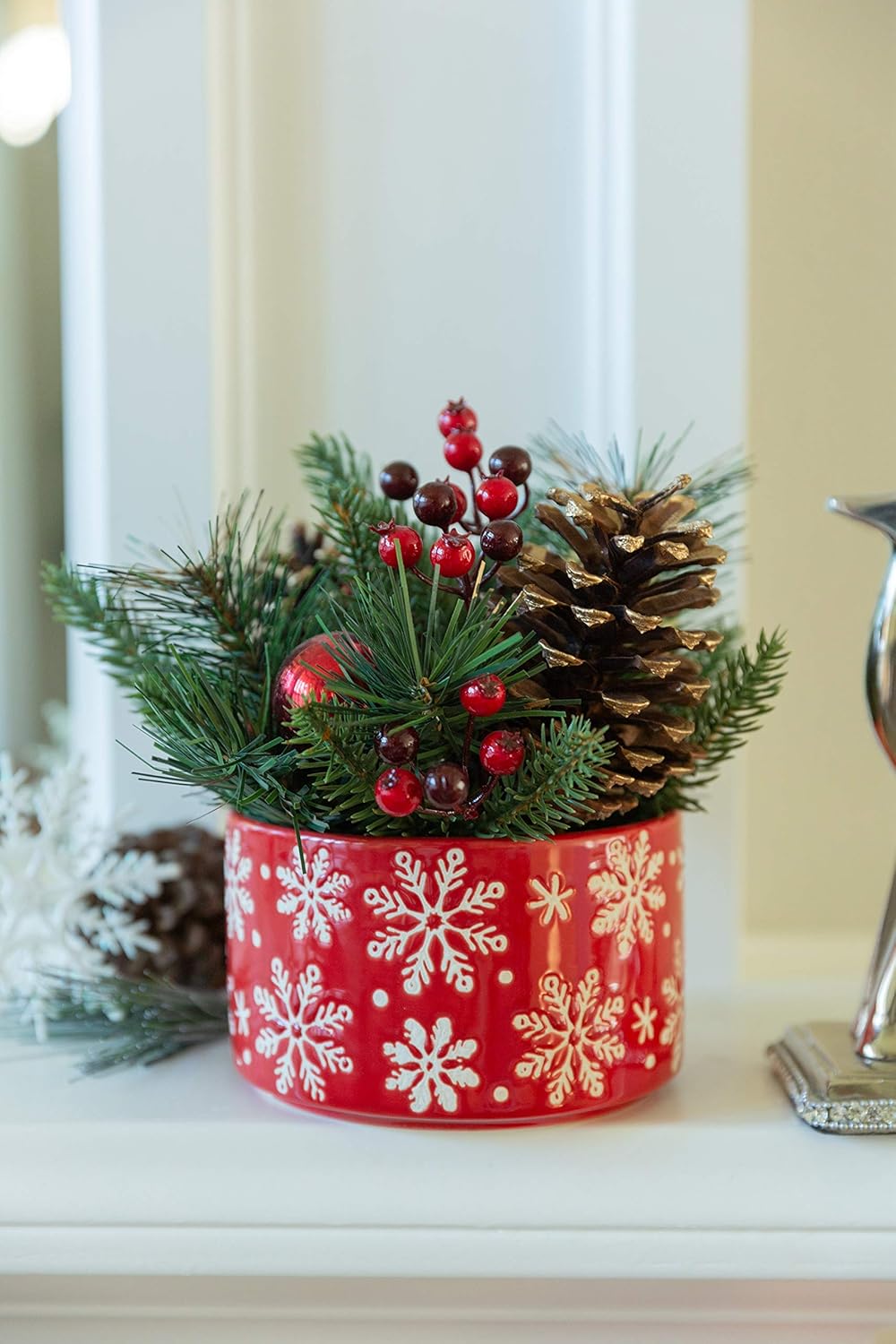 Amazon Com Flora Bunda Artificial Xmas Arrangement In 5 Inch Red Snowfrakes Ceramic Pot Indoor Christmas Decoration Home Kitchen