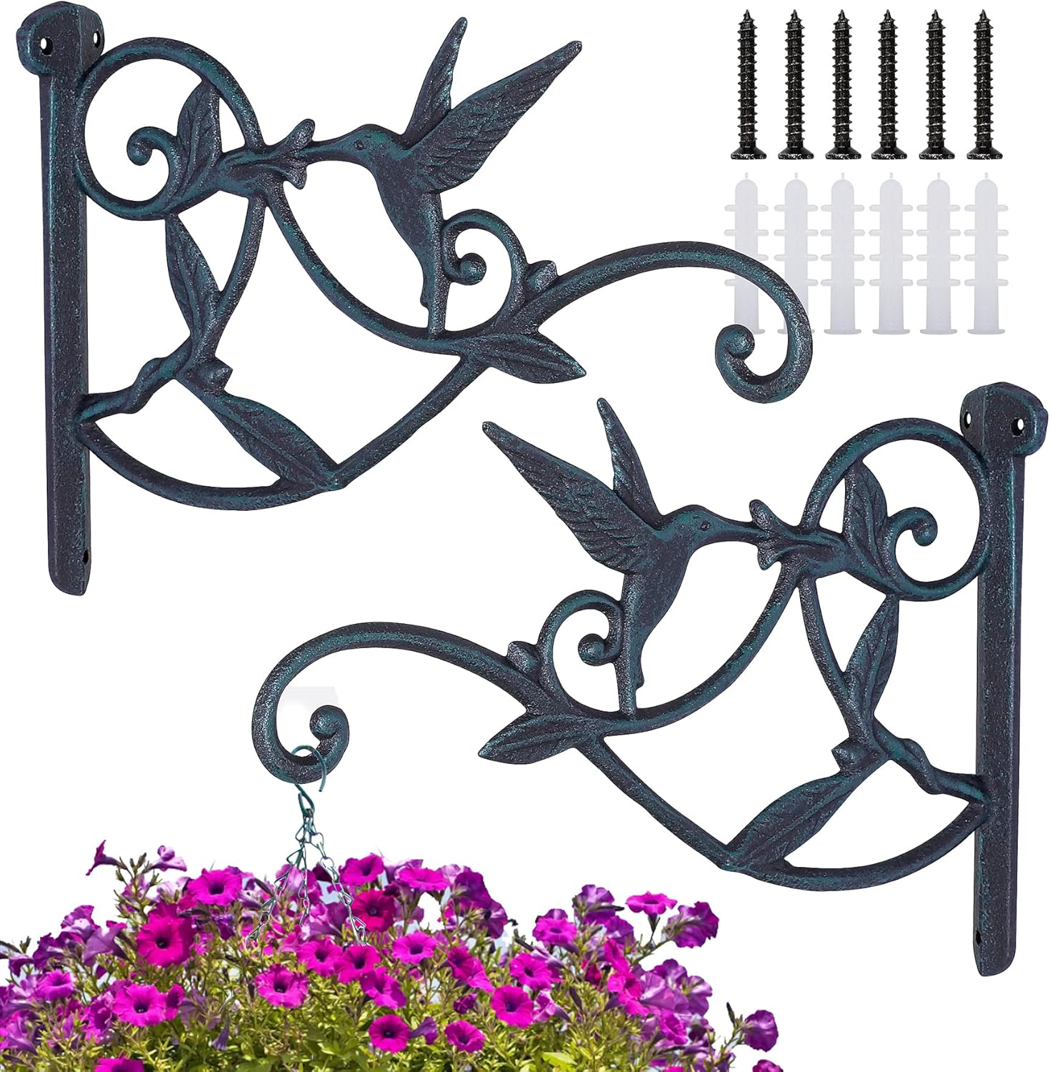 Outdoor Hanging Brackets - FLORWOD 2pcs Outdoor Hangers for Plants Heavy Duty, Decorative Plant Hooks for Wall 10 Inch, Cast Iron Metal Hummingbird Hooks, Rustic Atrovirens