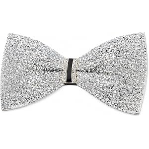 Jruher Silver Rhinestone Bow Tie for Men, Adjustable Pre Tied Bowtie | Sparkling silver rhinestone bow tie has a clip-on adju