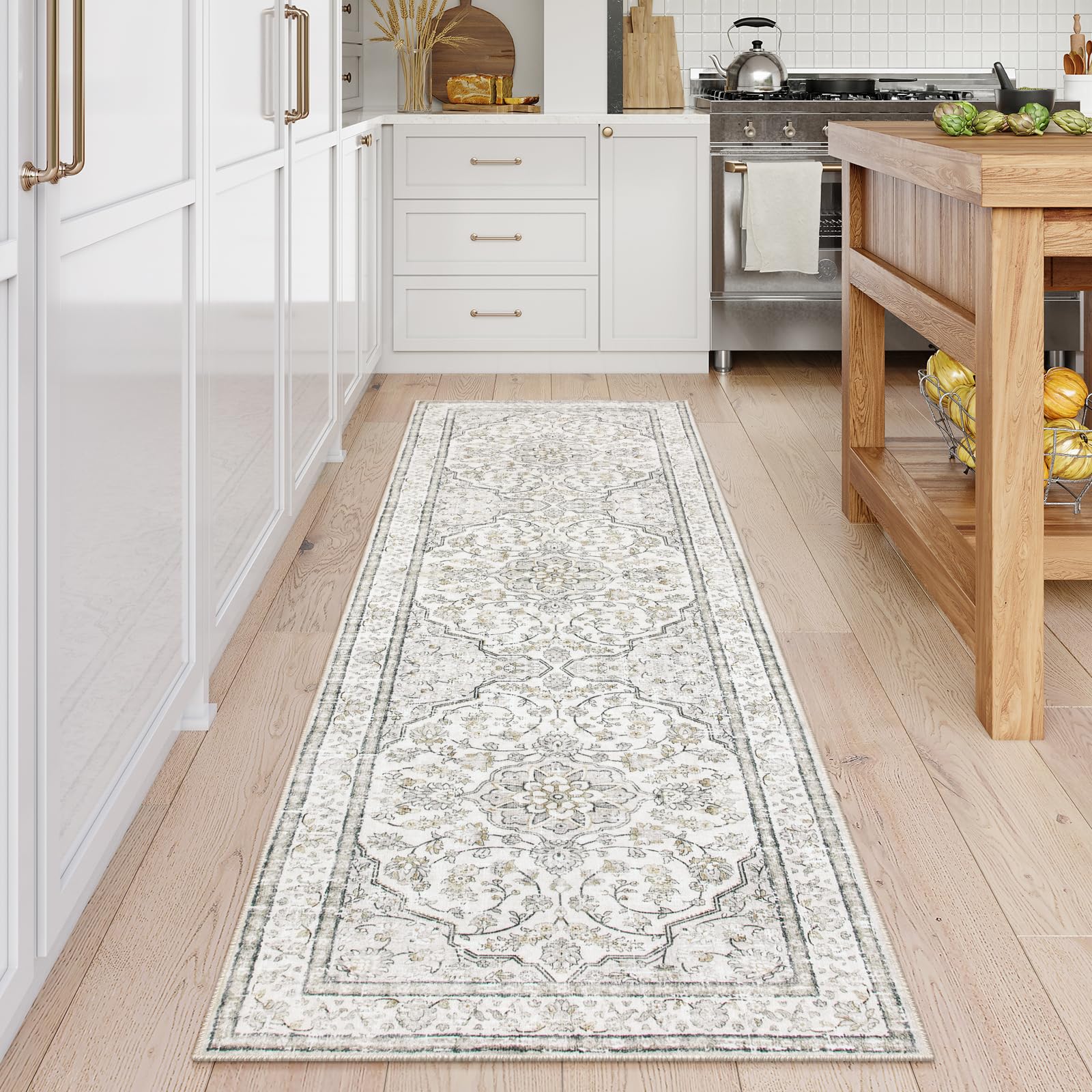 Photo 1 of Lahome Oriental Washable Hallway Runner Rug, 2.6x8 Boho Rug Runners for Hallways Non Slip, Runner Rug for Entryway Indoor, Traditional Thin Fall Carpet Runner for Kitchen Laundry Bathroom(8ft, Beige)