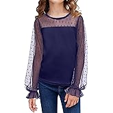 Arshiner Girls Long Sleeve Shirts with Sheer Puff Cute Lantern Sleeve Design Lady Style Swiss Dots Tops for Girls Blouse Tee