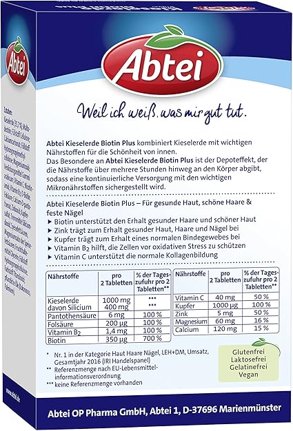 abtei kieselerde biotin plus hochdosiertes nahrungserganzungsmittel mit zink fur gesunde und schone haut haare und nagel depot technologie mit