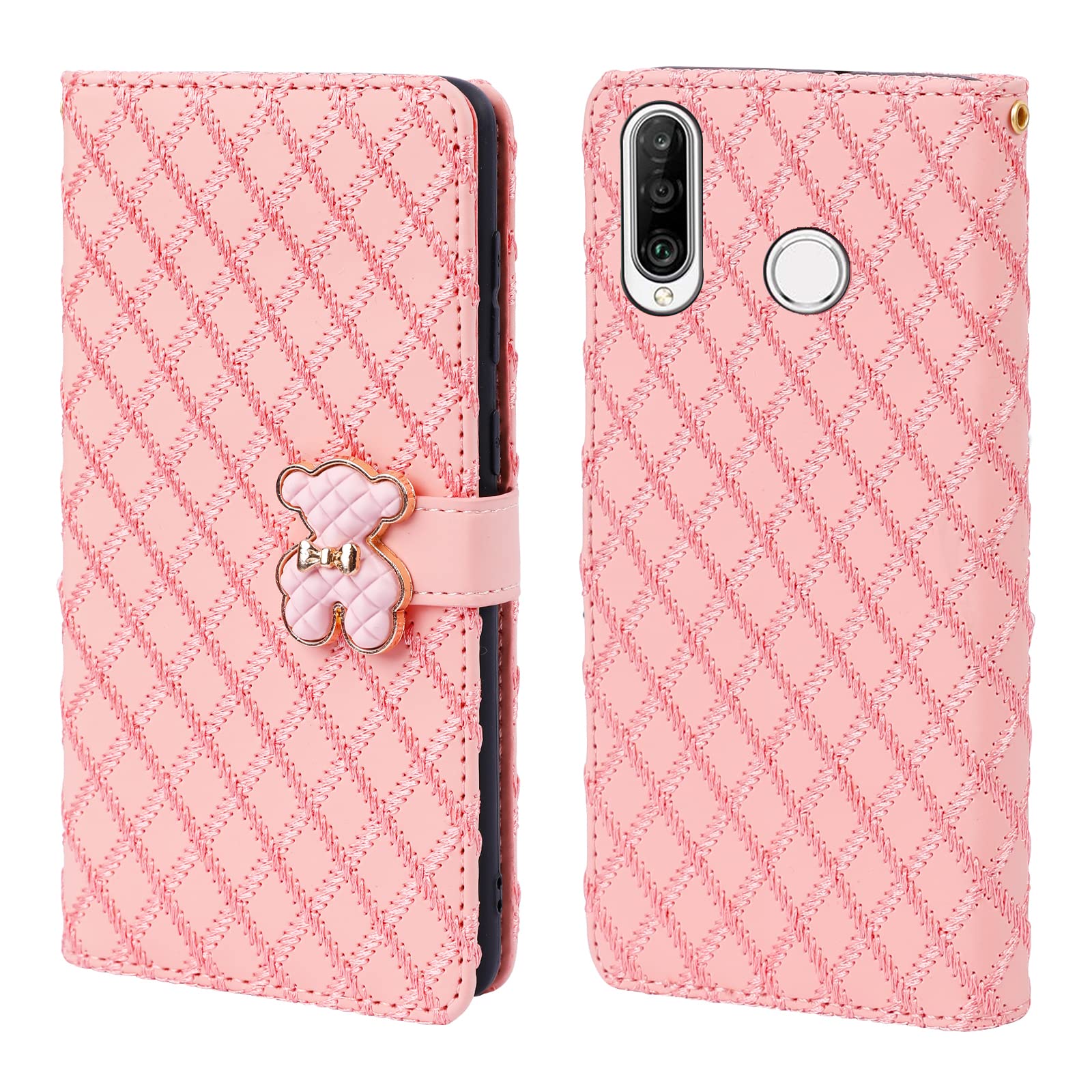 Tiyoo Huawei P30 Lite Flip Case with Wallet, 3D Metal Bear Magnetic Closure, Support Stand and Card Slots, PU Leather with Quilting Embroidery Process (Pink)
