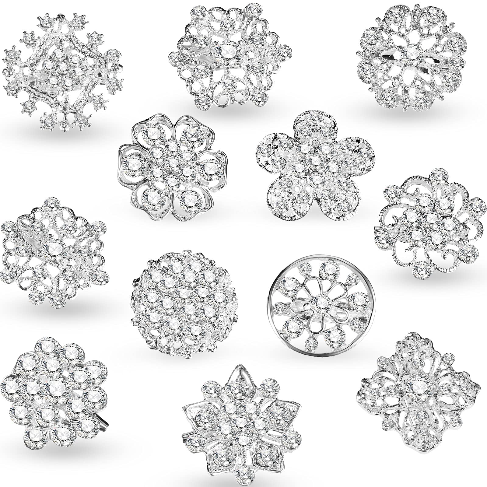 12 Pcs Crystal Button Brooches Rhinestone Button Scarves Buckle Floriated Brooches Pin Rhinestone Corsage Bouquet Kit DIY for Women Wedding Anniversary Decoration (Silver)