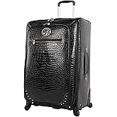 Kathy Van Zeeland Croco PVC Designer Luggage - Lightweight Expandable 28 Inch Suitcase for Women - Large Durable Bag with 4-Rolling Spinner Wheels (Black)