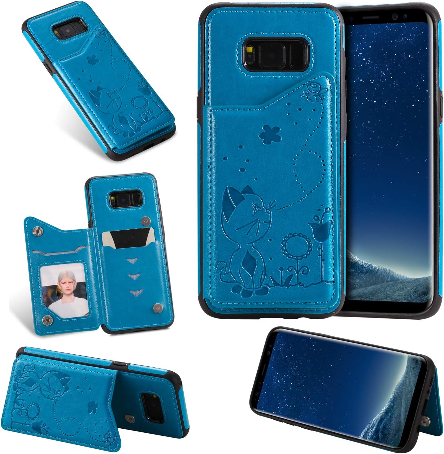 Nadoli Back Cover for Samsung Galaxy S8 Plus,Embossing Cat Bee Flower Slim PU Leather Wallet Design Magnetic Clasp Card Slots Kickstand Protective Siicone Soft Skin Case