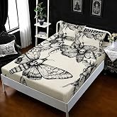 HOSIMA Gothic Death Moth Bedding Sets Full,1 Fitted Sheet+2 Pillowcases. | Lightweight Fitted Sheet Halloween Bedding for Girls Teen Boy Skull Decor