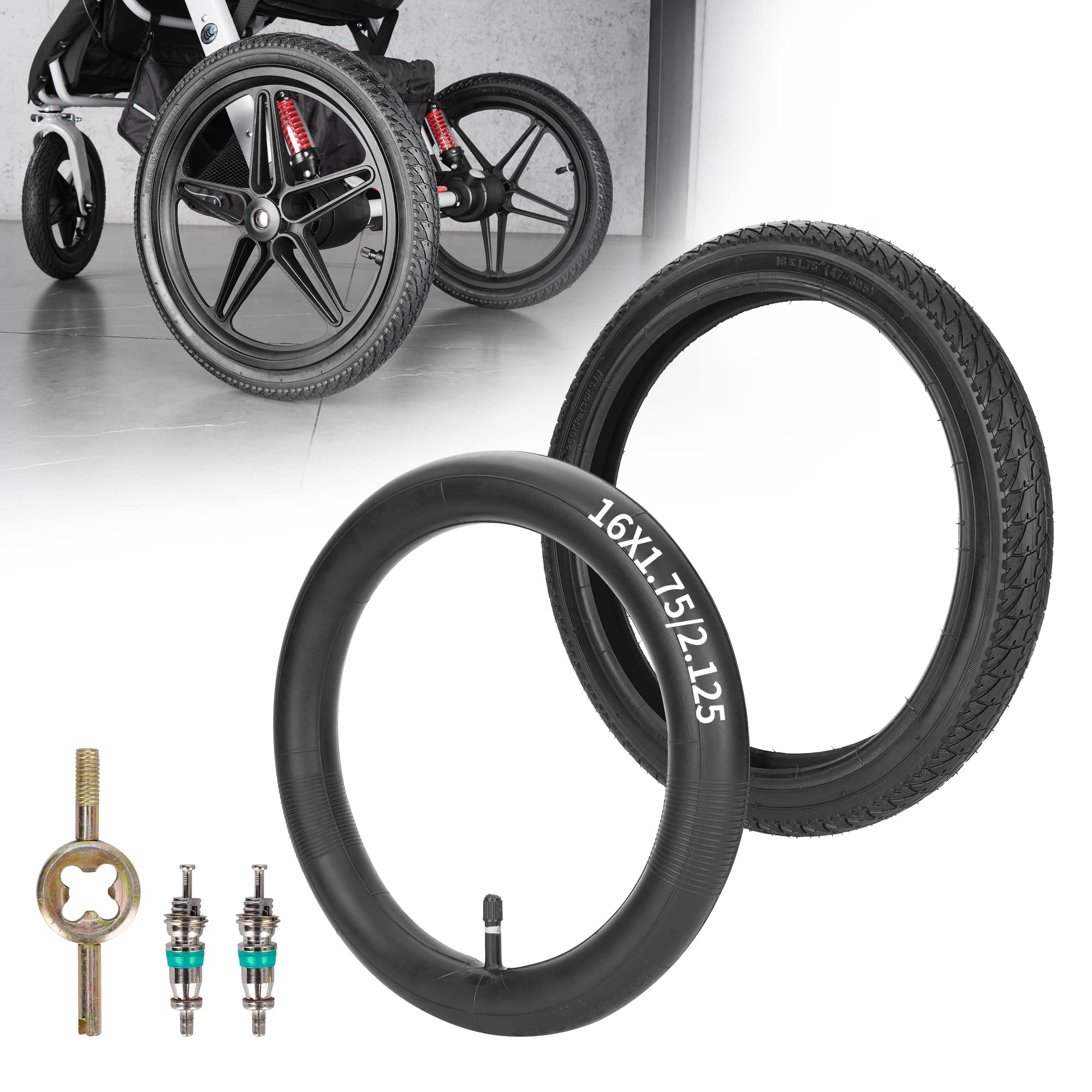 Rear 16×1.75 Stroller Replacement Tire and Tube Compatible with 3-Wheeler Jogging Troller Models (Both Single and Double Strollers) Including Revolution SE/Pro/Flex/SU/Ironman