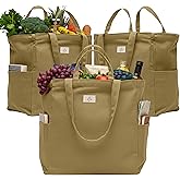 Nook Theory 3-Pack Reusable Grocery Bags - Heavy Duty, Large 12 Oz Cotton Canvas Reusable Shopping Bags With Pockets, 100% Cotton Cloth Grocery Totes, Foldable Multi Compartment (Khaki)
