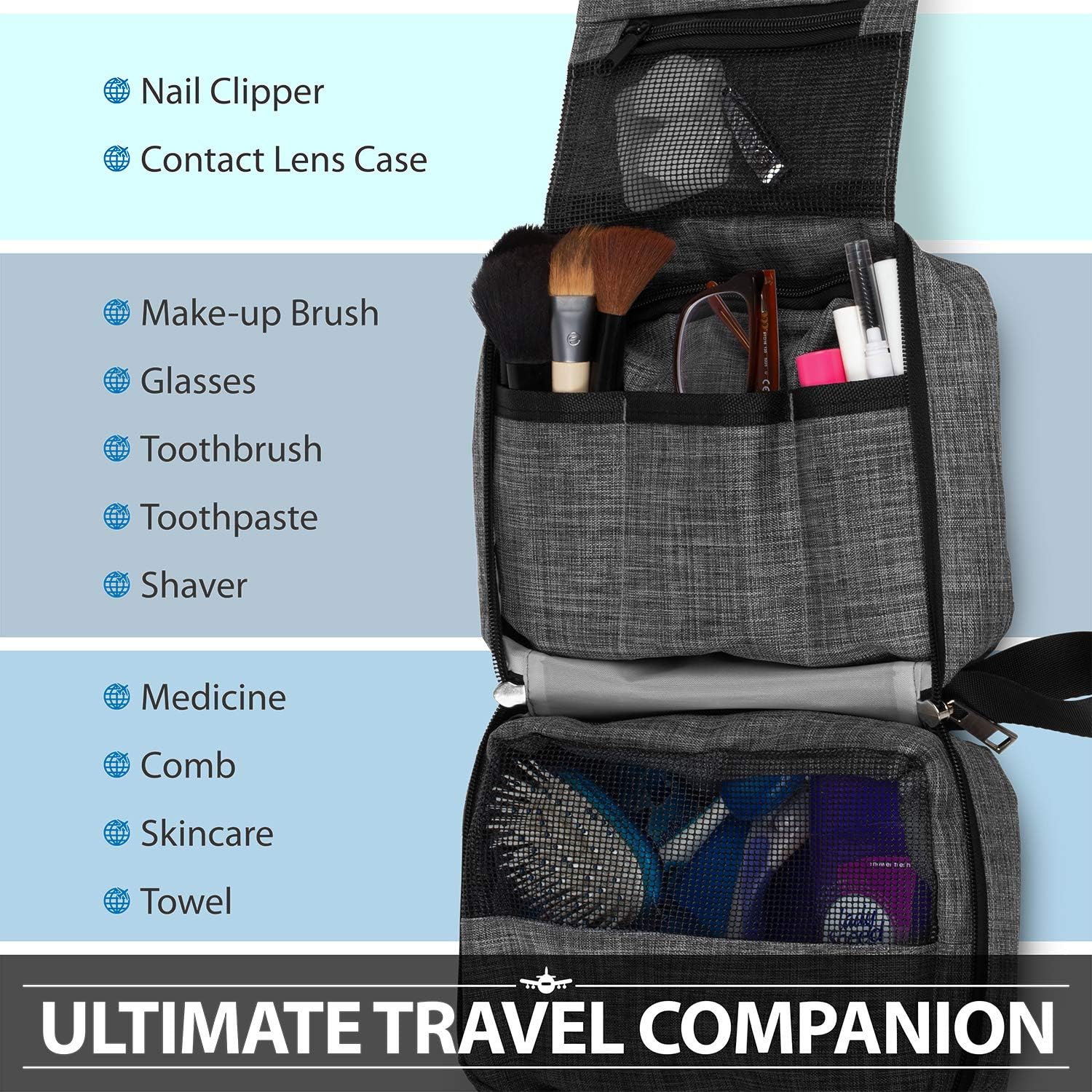 Hanging Toiletry Bag, Fosmon Portable Hanging Toiletries Travel Organizer Bag with 3 Pouches, 3 Pockets & 1 Sturdy Hook - Image 3