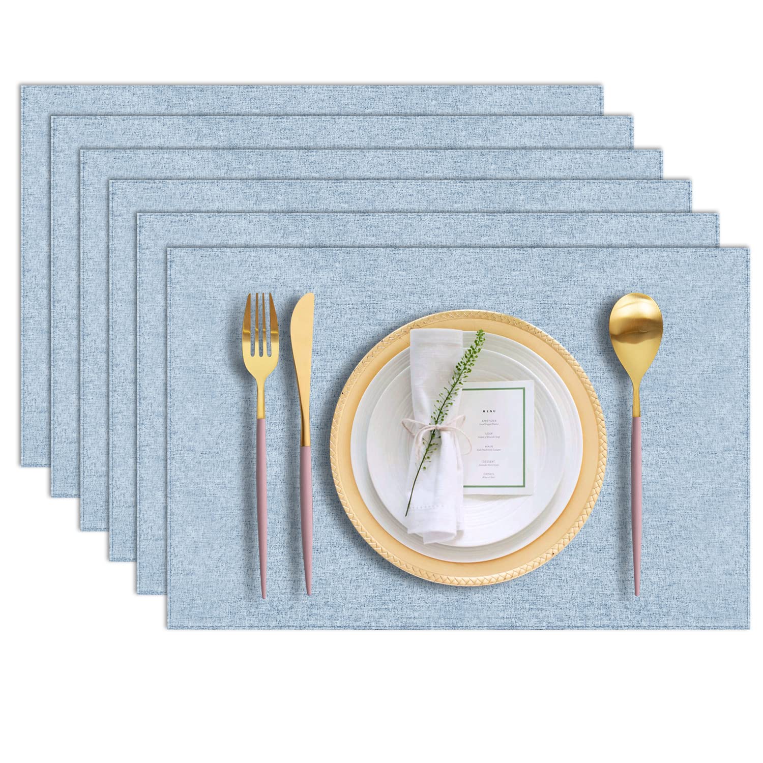 Photo 1 of LANDVIEW Cloth Placemats Set of 6, Cotton Linen Blend Machine Washable Durable Linen Table Mats, Heat Resistant Placemats Wrinkle Free Place Mats for Dining Table, Easy to Clean (Light Blue, 6)