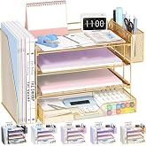 OPNICE Desk Organizers and Accessories, 4-Tier Desktop File Organizer with Drawer and Pen Holders, Office Desk Accessories Workspace Organizers for Office Supplies (Gold)