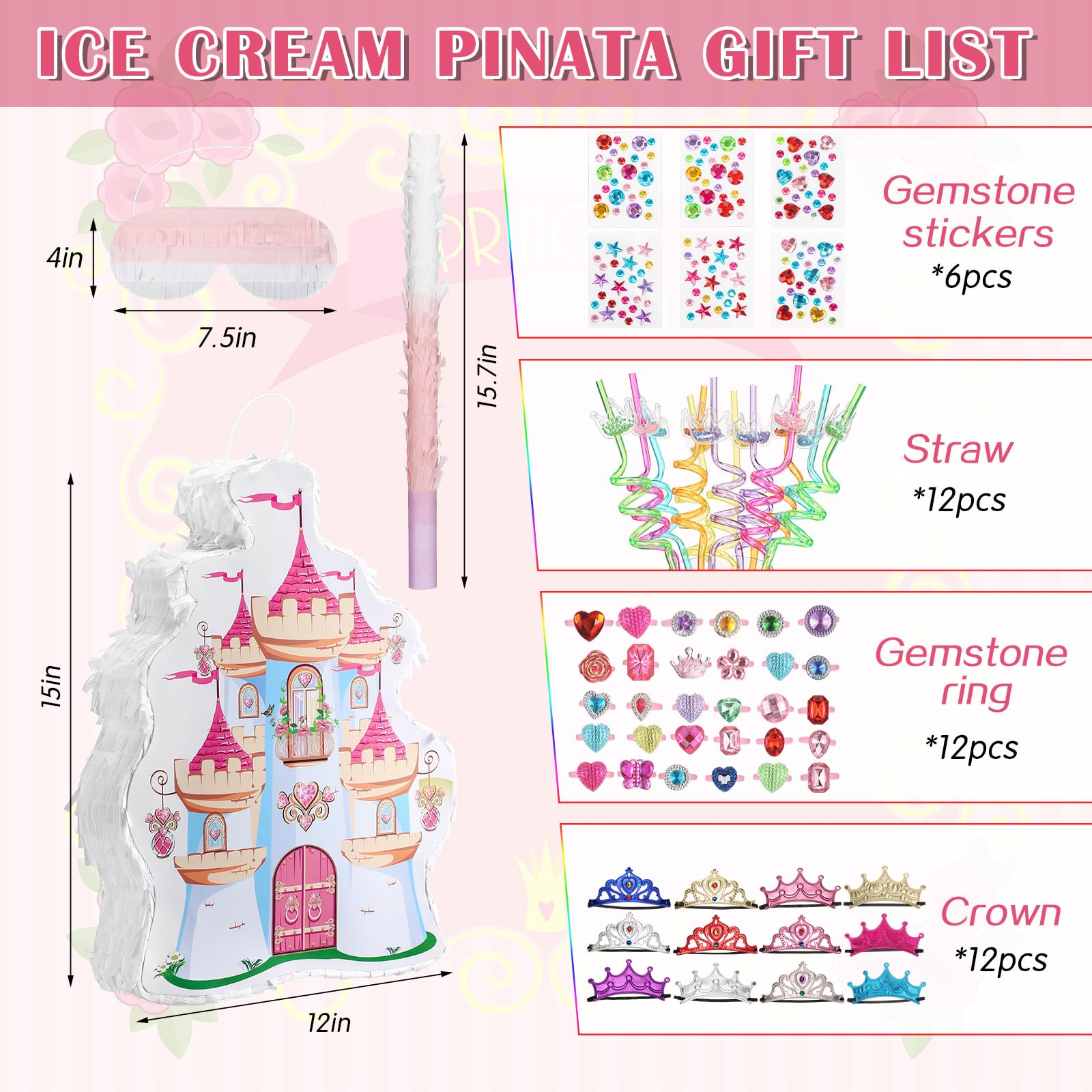 Syhood 70 Pcs Castle Princess Party Decorations Set Princess Castle Piñata Tiaras Crown Blindfold Mask Gem Stickers Gem Rings and Straws for Theme Birthday Party Supplies Decor