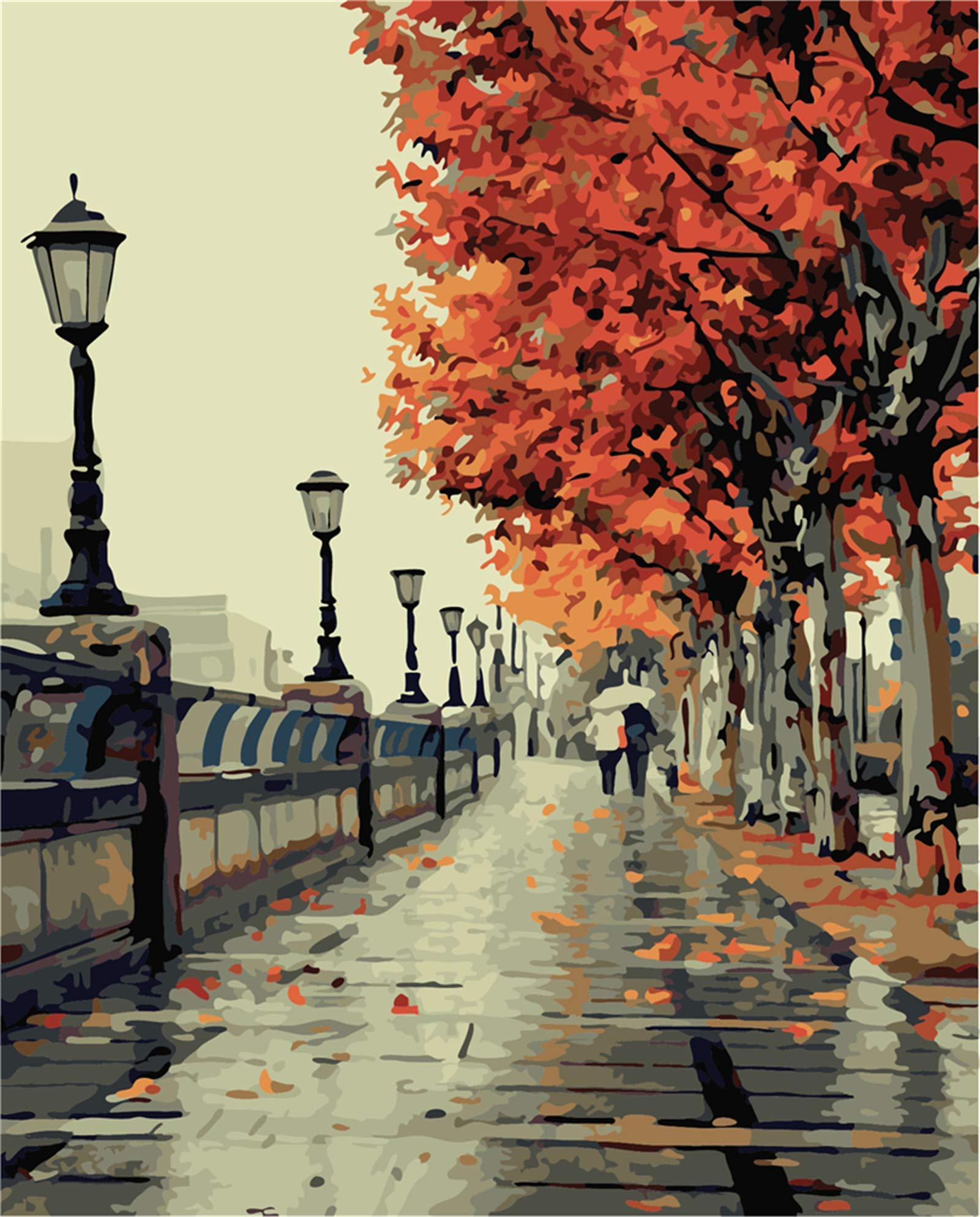 YEESAM ART Paint by Numbers for Adults Beginners Romantic Street Autumn Love 16x20 inch Linen Canvas Acrylic DIY Number Painting Kits Wall Art Decor Gifts (Framed)