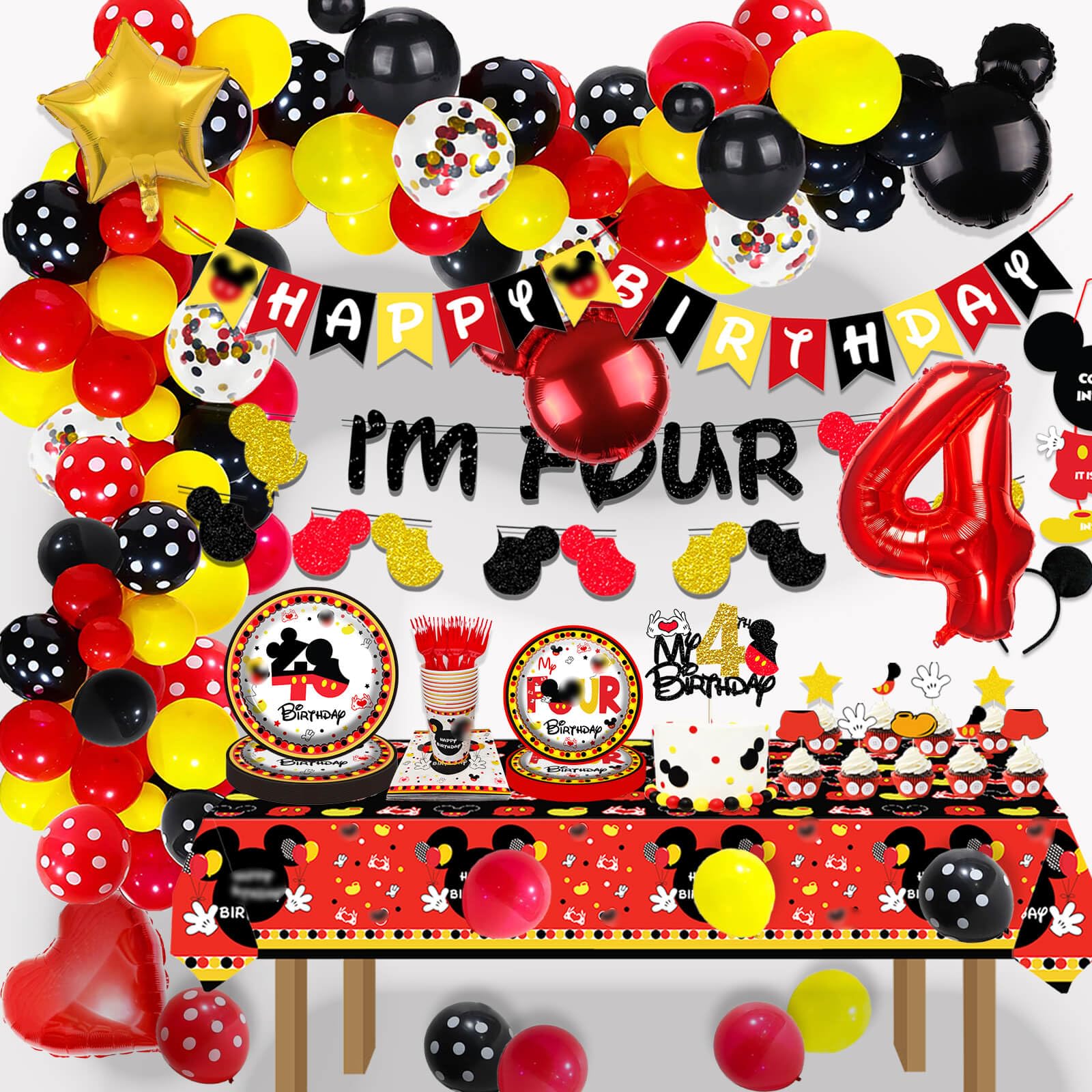 Photo 1 of 222 Pcs Red Cartoon 4th Birthday Party Supplies Decoration - Four Dessert Plates Cups Tablecover Cake Cupcake Toppers Banner Balloons Arch Kit for Boys 4 Years Old Birthday Party Favor