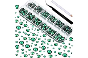 TECUNITE 2000 Pieces Flat Back Gems Rhinestones 6 Sizes (1.5-6 Mm) Round Crystal Rhinestones with Pick up Tweezer and Rhinestones Picking Pen for Crafts Nail Clothes Shoes Bags DIY Art (Green)