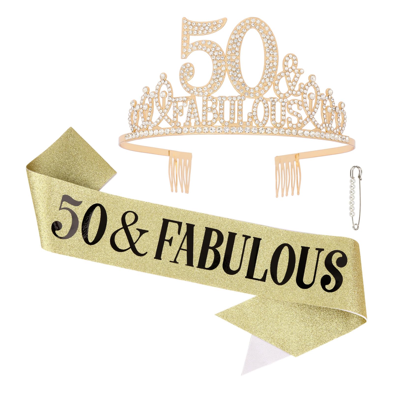 Luixenir 3 Pcs Gold 50th Birthday Sash and 50th Tiara Rhinestone Crown Headband and Sash for Women 50 and Fabulous Birthday Decorations — image 1