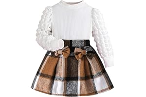 Coaturi Toddler Girls Clothes Sets: Puff Sleeve Tops Plaid Mini Skirts Skirt Set 2 Piece Fall Winter Outfits 2-8 Years