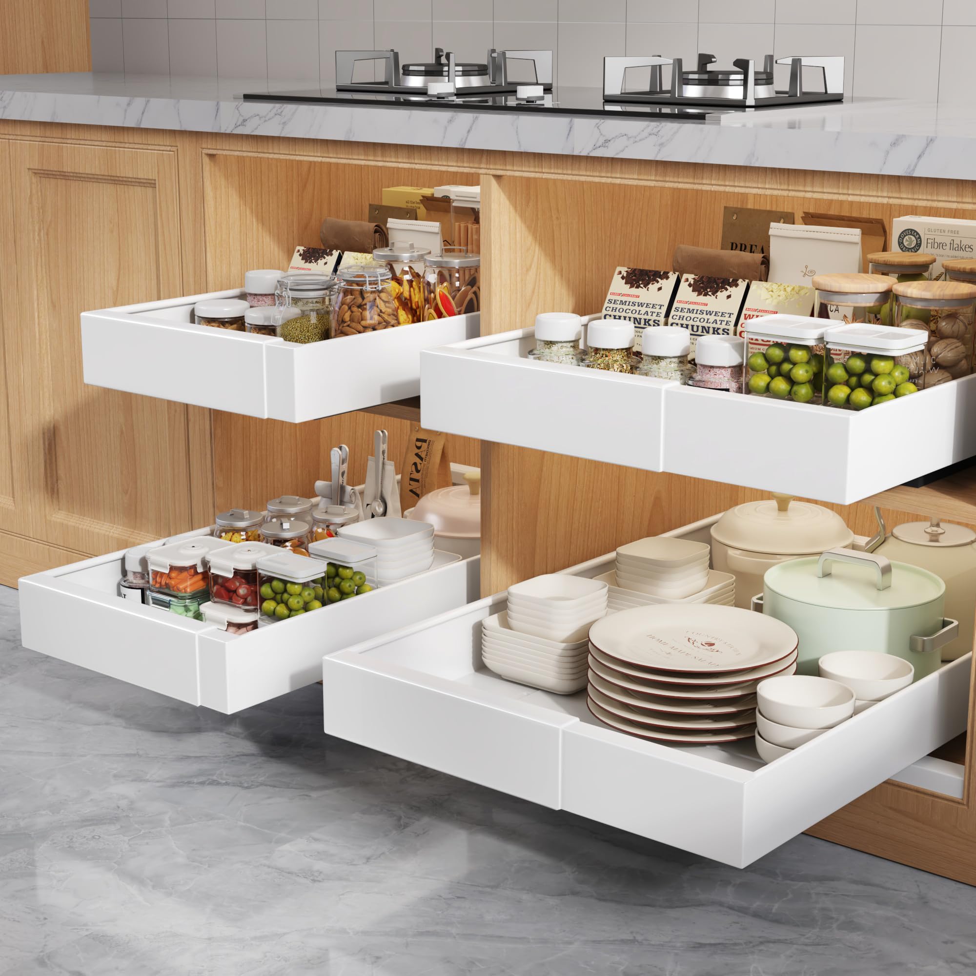 Seinloes 4 Pack Pull Out Cabinet Organizers 21" Deep With Raising Pad for Framed Cabinets, Expandable Width (9"-14") Slide Out Drawers Upgrade 3 Slide Rails, Roll Out Shelves Adhesive, White Image