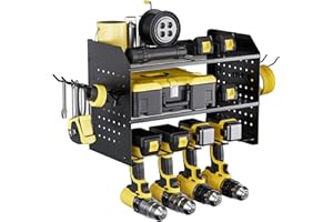 TRZZ Power Tool Organizer Wall Mount, 3-Layer Drill Holder with 2 Side Pegboards, Cordless Drill Rack with 4 Hooks, Drill Hanger for Workshop, Garage, Tool Room, Garage Gift for Men, Black
