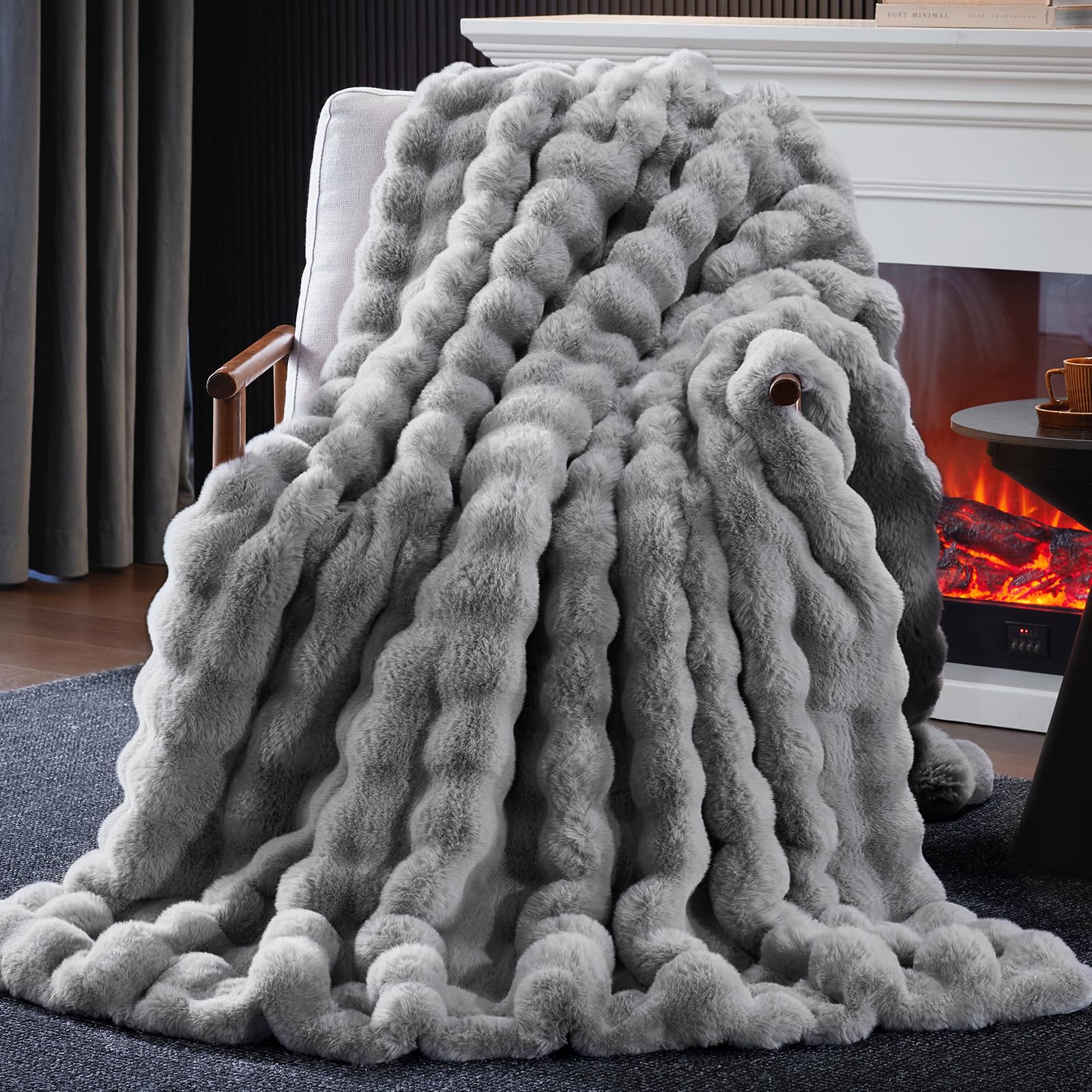 Photo 1 of Anysay Faux Fur Throw Blanket, 1000GSM Fluffy Soft Bubble Blanket for Couch Bed, Cozy Plush Warm and Thick Blanket, Fuzzy Rabbit Throw for Living Room Bedroom 50''*60'' Light Grey