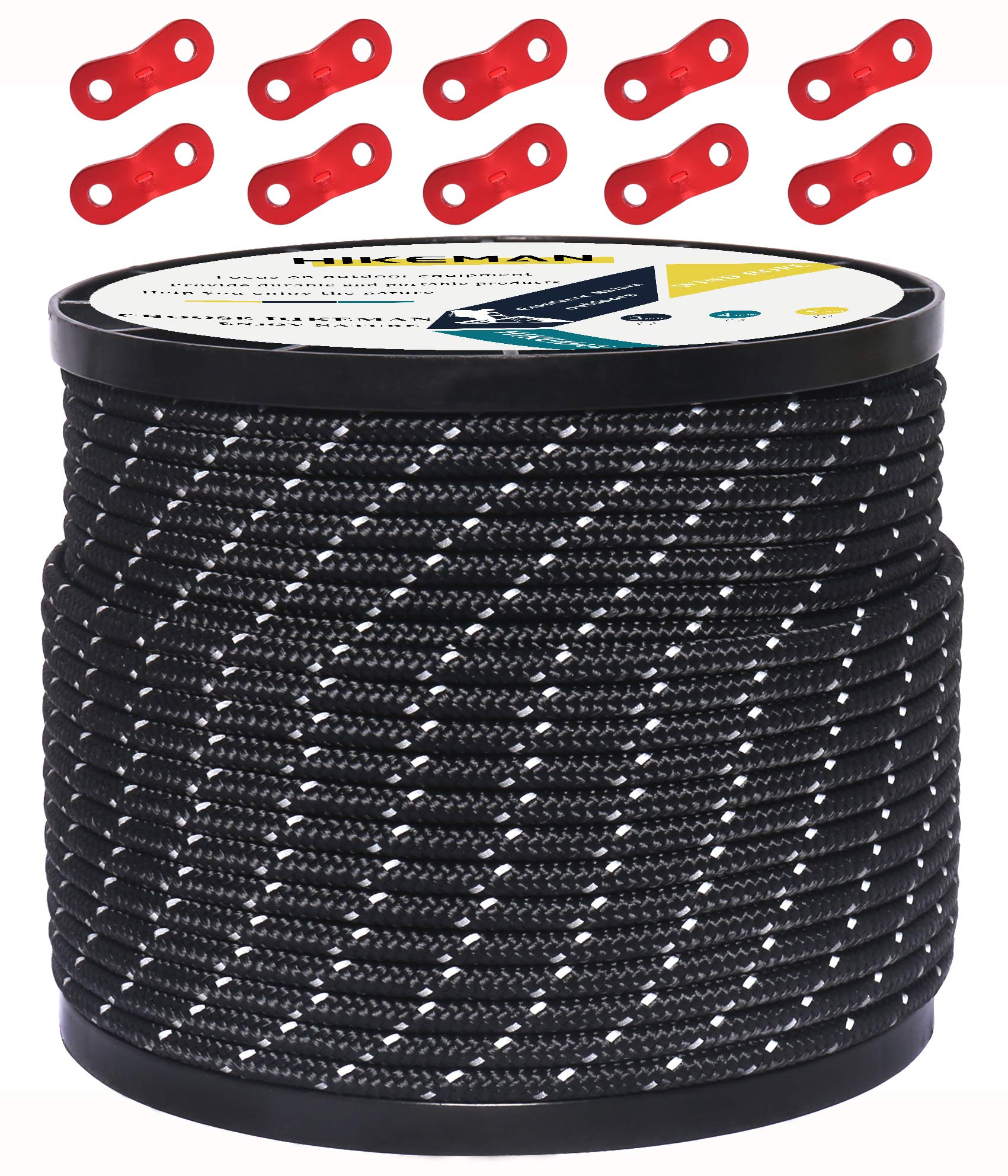 50M Reflective Cord Guy Ropes Outdoor Tent Guide Rope 100% Nylon Cord Wind Line with 10Pcs Aluminum alloy tensioners for Camping (black, Diameter 4 mm)