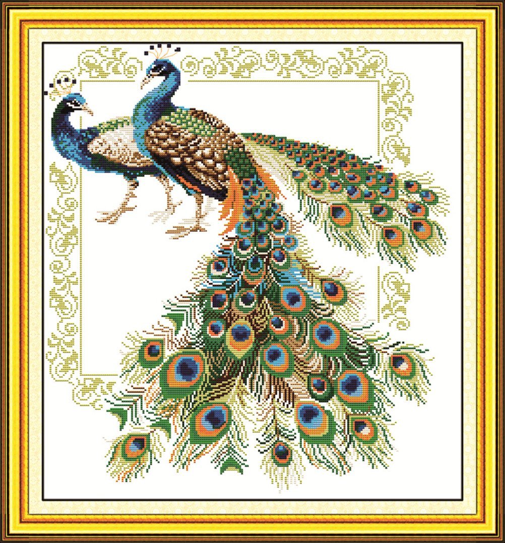YEESAM ART Unstamped Cross Stitch Kits for Adults, Lucky Peacocks 14ct Counted Unprinted Embroidery Kit Needlework Wall Art Decor