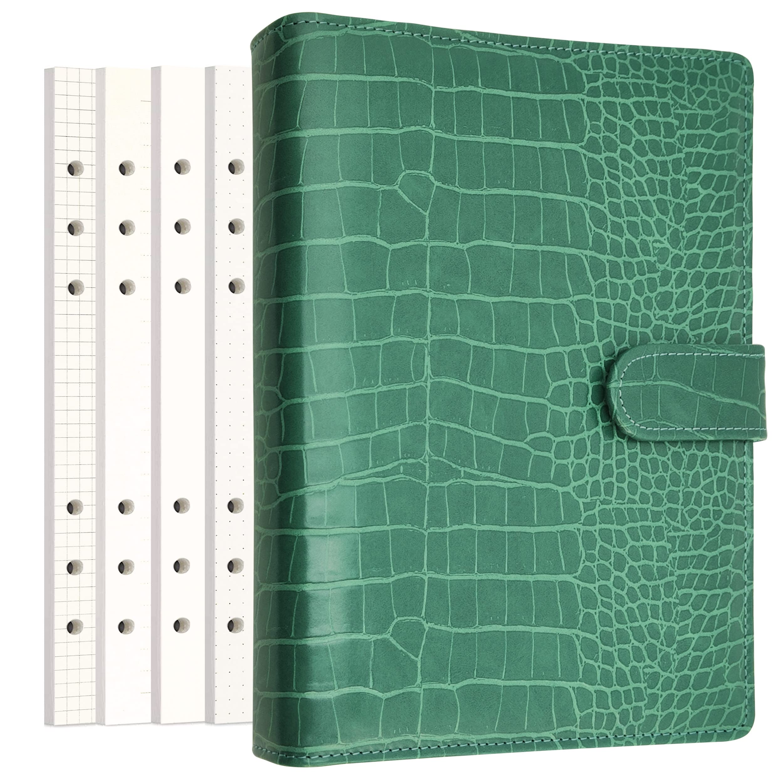 Zelten PU Leather Personal Notebook Planner with 80 Pages Loose-Leaf Papers 6 Holes Ring Binder Pen Holder Magnetic Buckle (Green Faux Crocodile Texture,A5 Mini)