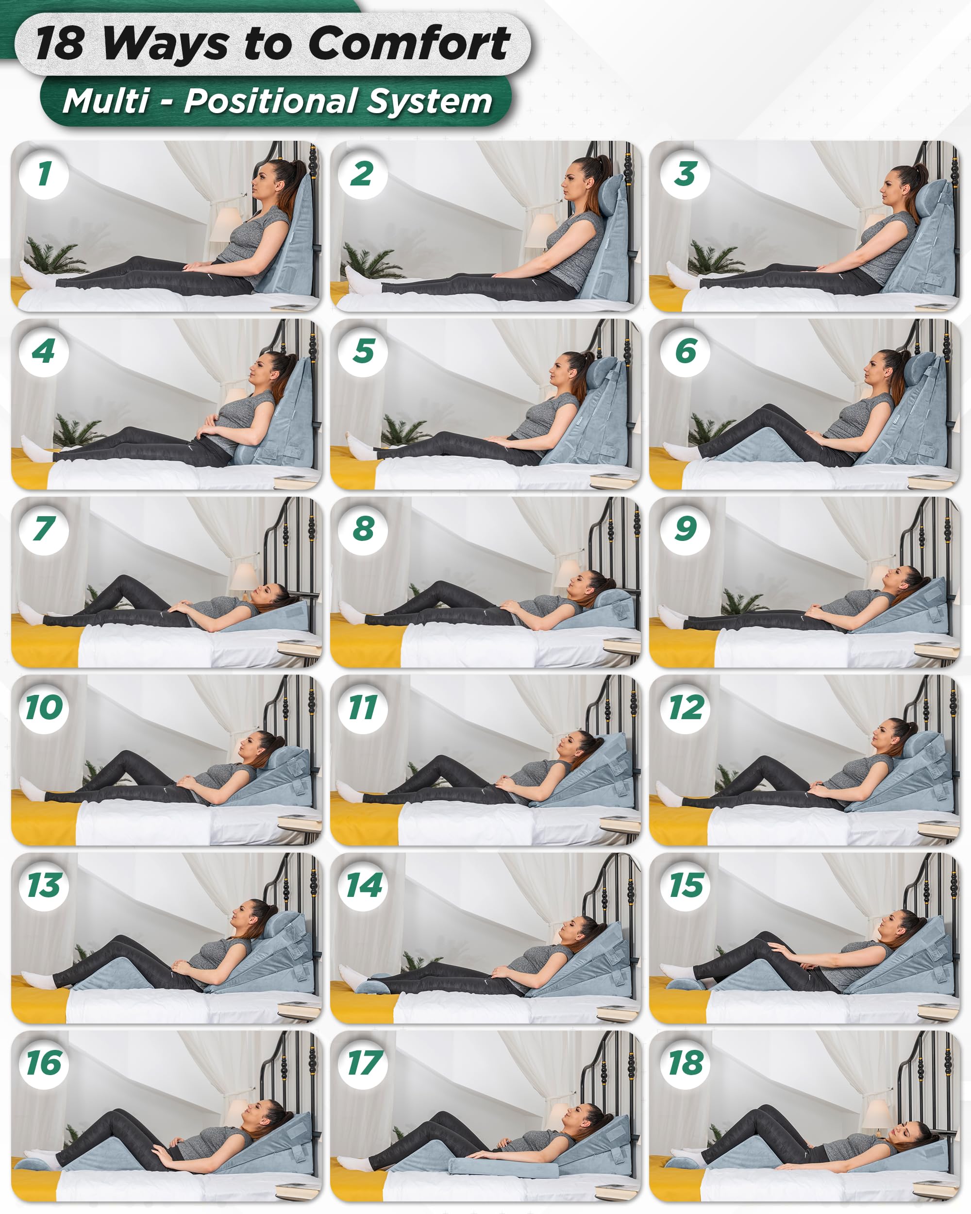 Lunix 5pcs Orthopedic Bed Wedge Pillow Set, Post Surgery Memory Foam for Back, Leg, and Knee Pain Relief, Adjustable Sitting Pillow for Sleeping, Acid Reflux, and GERD, with Hot Cold Pack, Gray