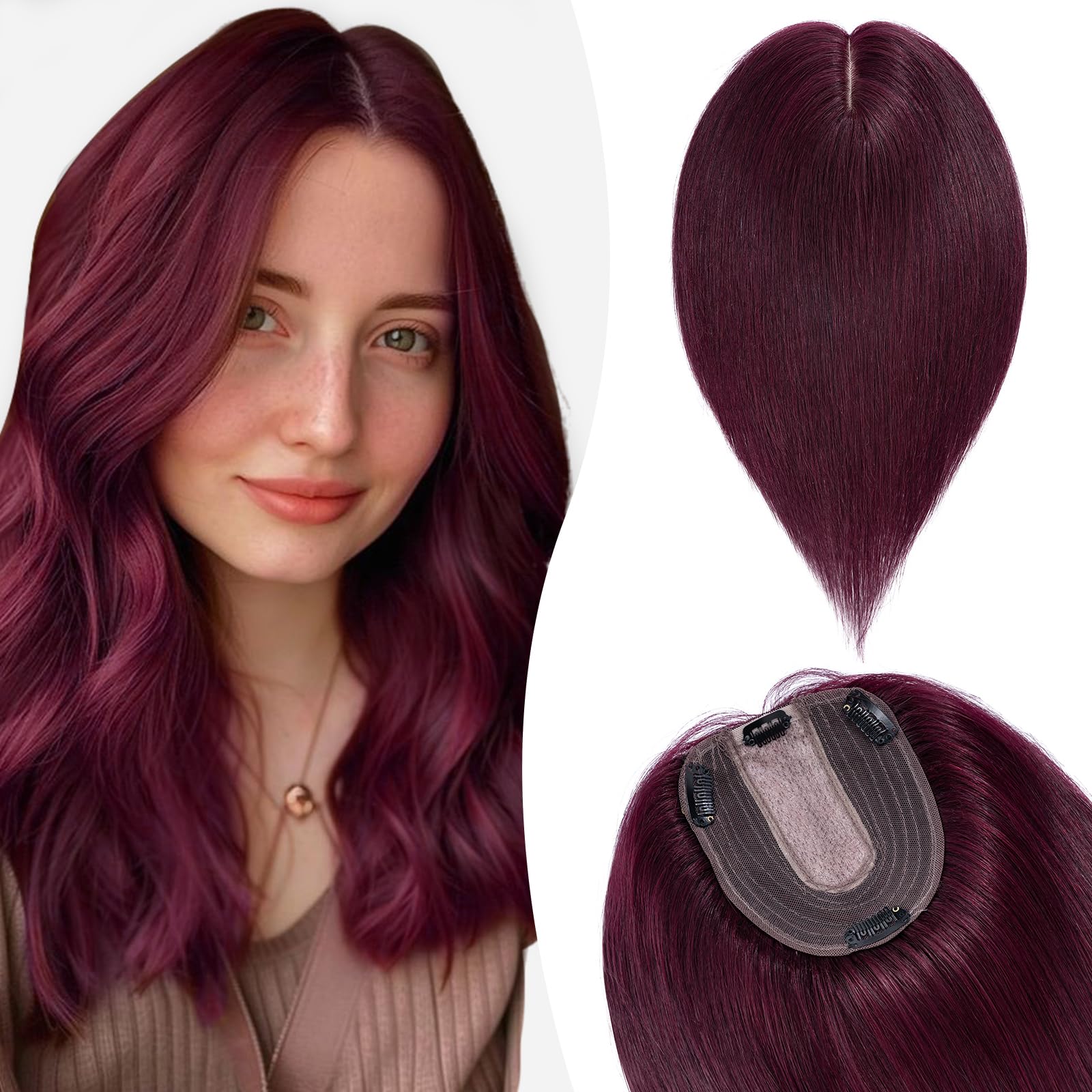 Silk-co 18inch Hair Topper for Thinning Hair Women Clip in Real Remy Human Hair Extensions Top Piece Base Size 10 * 12cm Silk+Lace Base (#99J Wine Red)