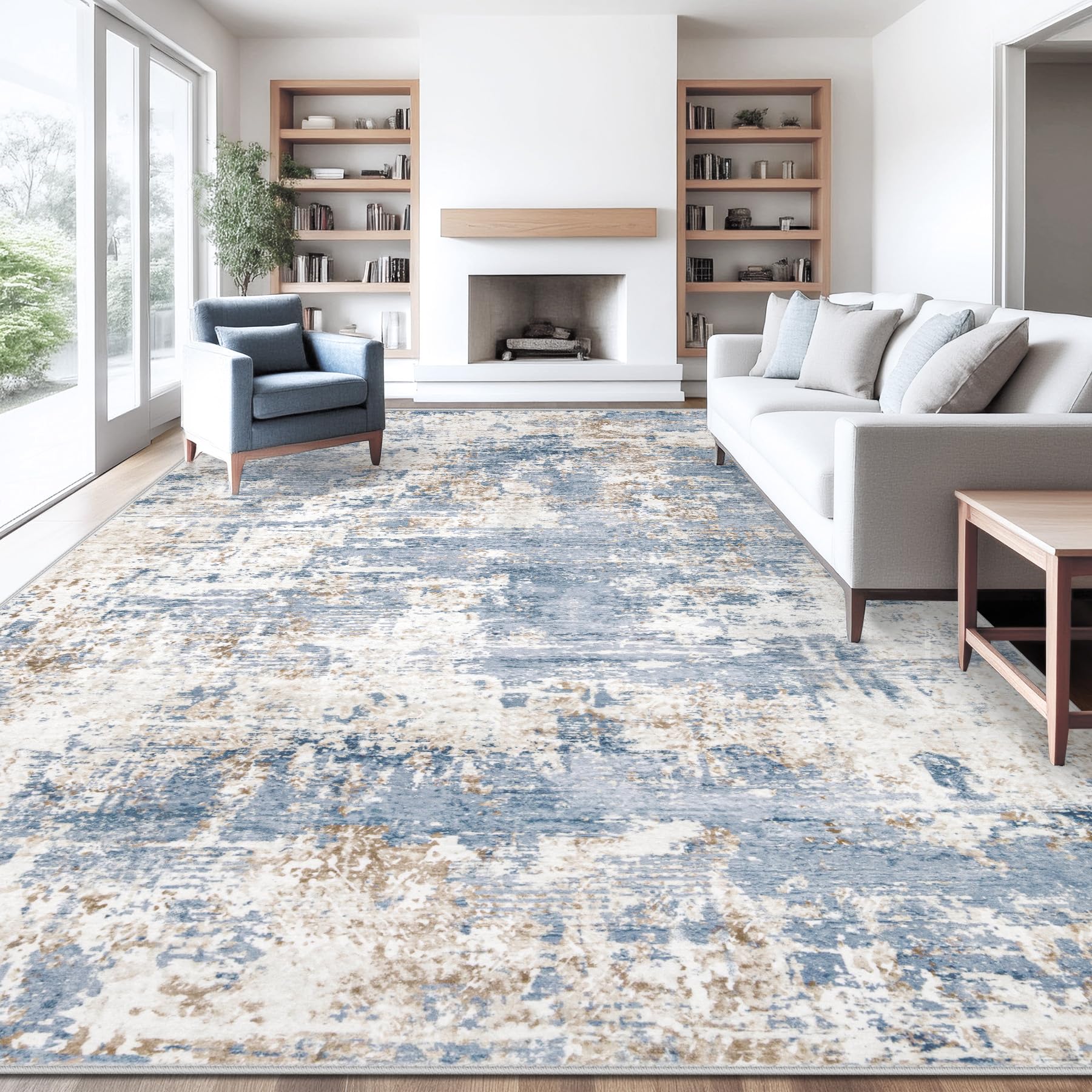 Photo 1 of 10x12 Area Rug for Living Room, Washable Modern Abstract Large Area Rug Neutral Soft Non Slip Kids Rug Stain Resistant Indoor Carpet for Bedroom Dining Room Playroom Home Office(Blue, 10'x12')