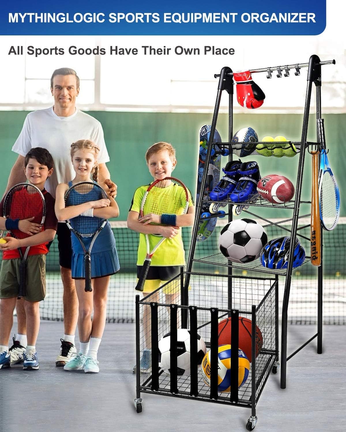 Mythinglogic Sports Equipment Garage Organizer, Rolling Ball Garage Storage, Sports Gear Storage for Kids, Adjustable Rob Sports Storage, Sports Organization with Hooks,Ball Equipment Racks: Sports & Outdoors