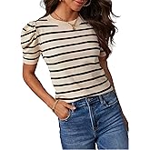 HAEOF Women's Striped Puff Short Sleeve Spring Tops 2026 Summer T Shirts Lightweight Sweater Dressy Casual Cute Work Blouses