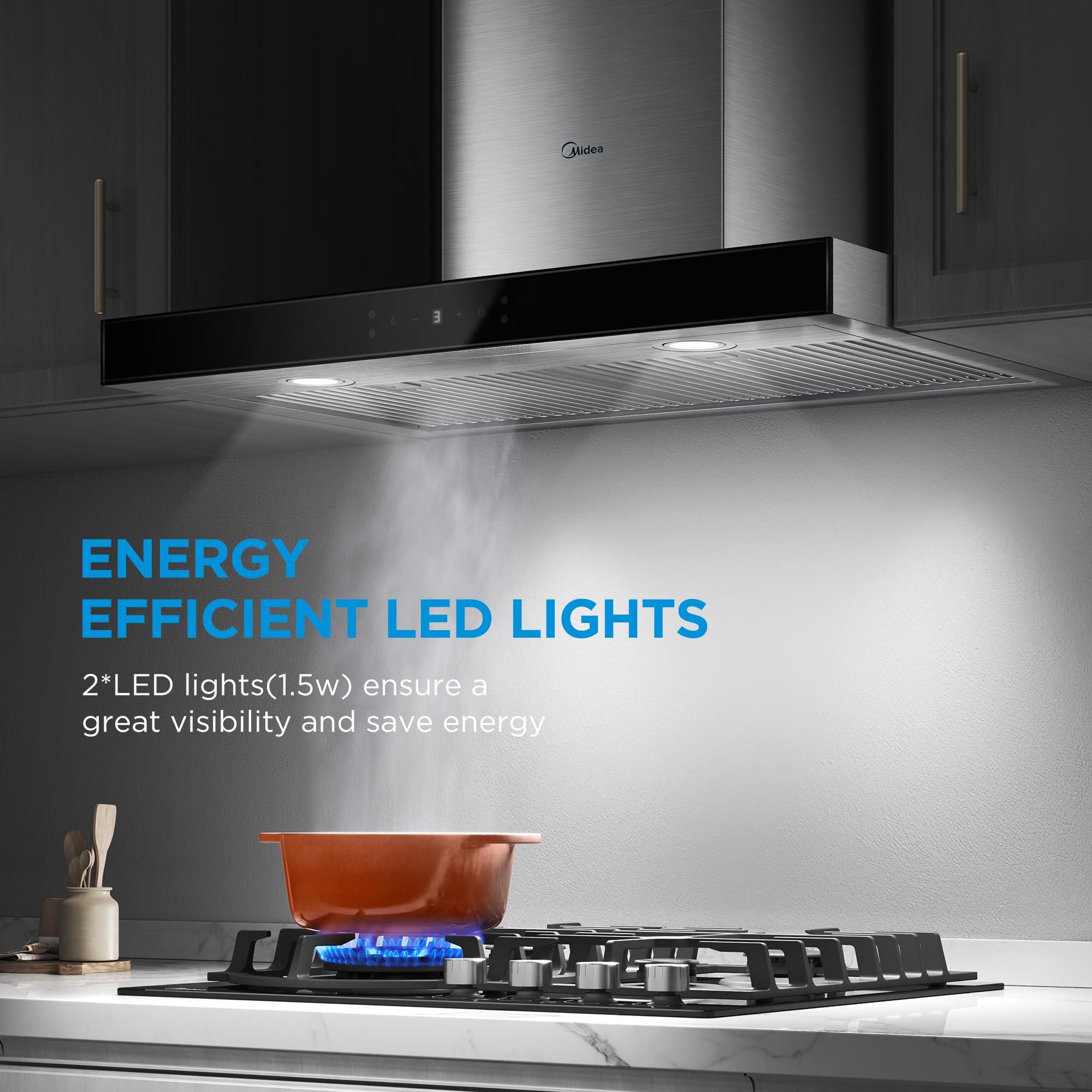 Midea MVT30W9AST Range 30 Inch 450CFM Vent T Shape Stove Hood with Stainless Steel Filters Kitchen Exhaust Fan, Ductless Convertible, Stainless Steel