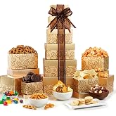 Broadway Basketeers Glittering Gold Gift Tower with Cookies Snacks &amp; Treats | Corporate thank you tower with cookies and snacks for employees, clients, birthdays, and holidays. Kosher.