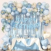 Blue Birthday Decorations, Dusty blue Sand White Confetti Foil Balloons Happy Birthday Banner Gold Butterfly Fringe Curtains, Light Blue Birthday Decorations for Boys Girls Women Men