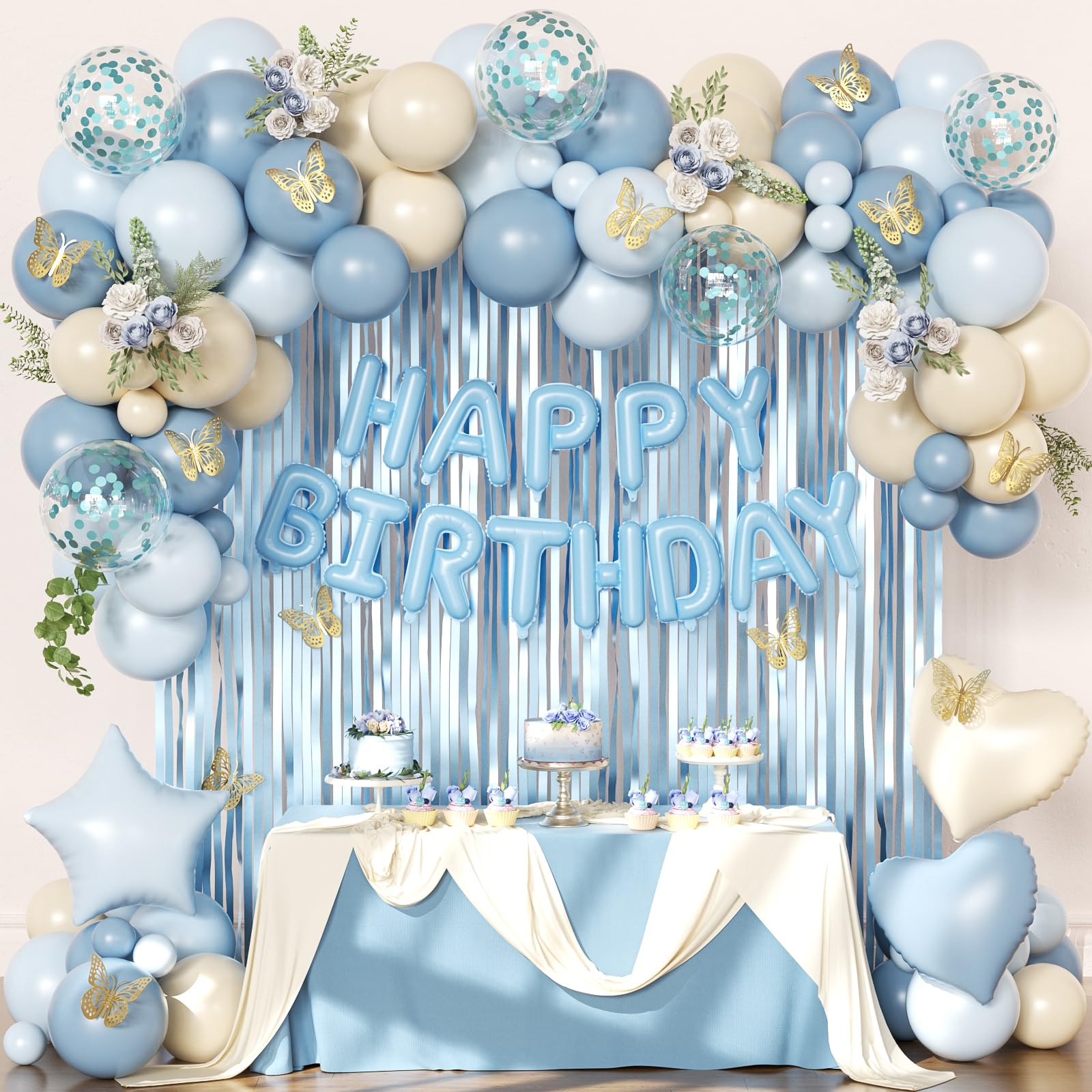 Photo 1 of Blue Birthday Decorations, Dusty blue Sand White Confetti Foil Balloons Happy Birthday Banner Gold Butterfly Fringe Curtains, Light Blue Birthday Decorations for Boys Girls Women Men