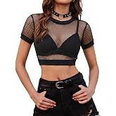 Avidlove Fishnet Top for Women Mesh See Through Shirt Rave Goth XS-2XL | Small-hole Fabric, Short Sleeve, Cropped, Crew Neck, With Bound Trim, Sexy Edgy Style, Perfect for Gothic, Punk, Clubwear