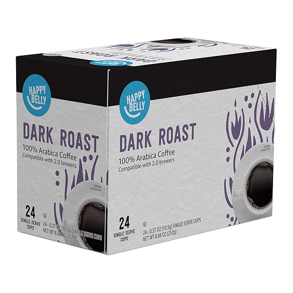AMAZON BRAND – HAPPY BELLY DARK ROAST COFFEE PODS, COMPATIBLE WITH KEURIG 2.0 K-CUP BREWERS, 24 COUNT