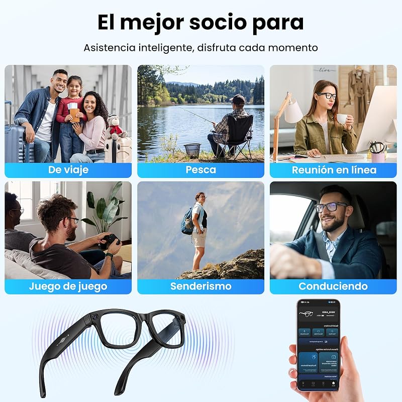 Gafas Inteligentes con Camara 8MP, Gafas con IA Bluetooth/WiFi, Smart Glasses con Fotografía/Grabación/Llamadas/Música/Traducción/Reconocimient Imágenes, Lentes fotocromáticas + lentes azules