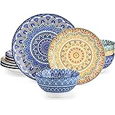 vancasso Mandala 12 Pieces Dinnerware Sets, Porcelain Dinner Set for 4, Boho Plates and Bowls Set, Colorful Dish Sets