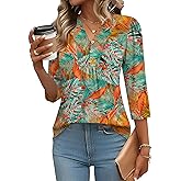 IECCP 3/4 Length Sleeve Womens Tops Dressy Casual Henley V-Neck Summer Tops Pleated T-Shirts Loose Fit Work Blouses