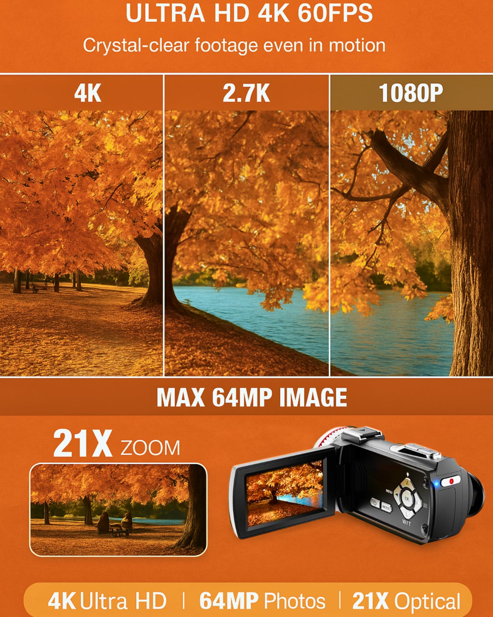 ZIMOCE 4K 60FPS Video Camera Camcorder with HDMI Cable, 48MP Vlogging Camera for YouTube, Dual Lens Camera Recorder, 21X Zoom Rotatable Screen Video Recorder with Mic, 2 Batteries &64GB Card (Small)