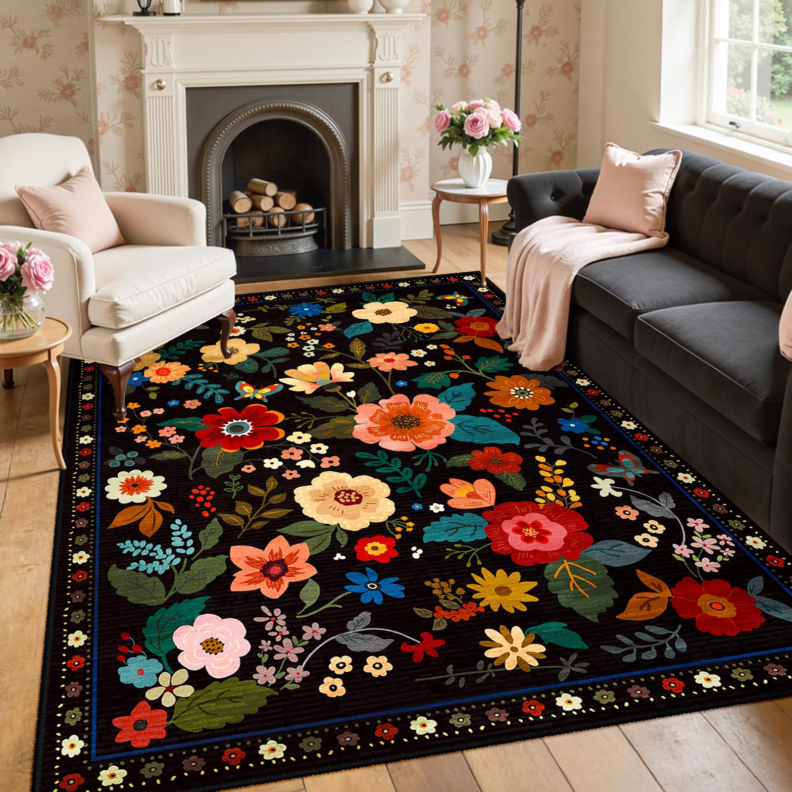 RELEANY Floral Nursery 5x8 Area Rugs Washable Print Boho Cute Carpet Non Slip Flower Low Pile for Living Room Kids Girls Playroom Bedroom Kitchen Office Farmhouse-Black Image