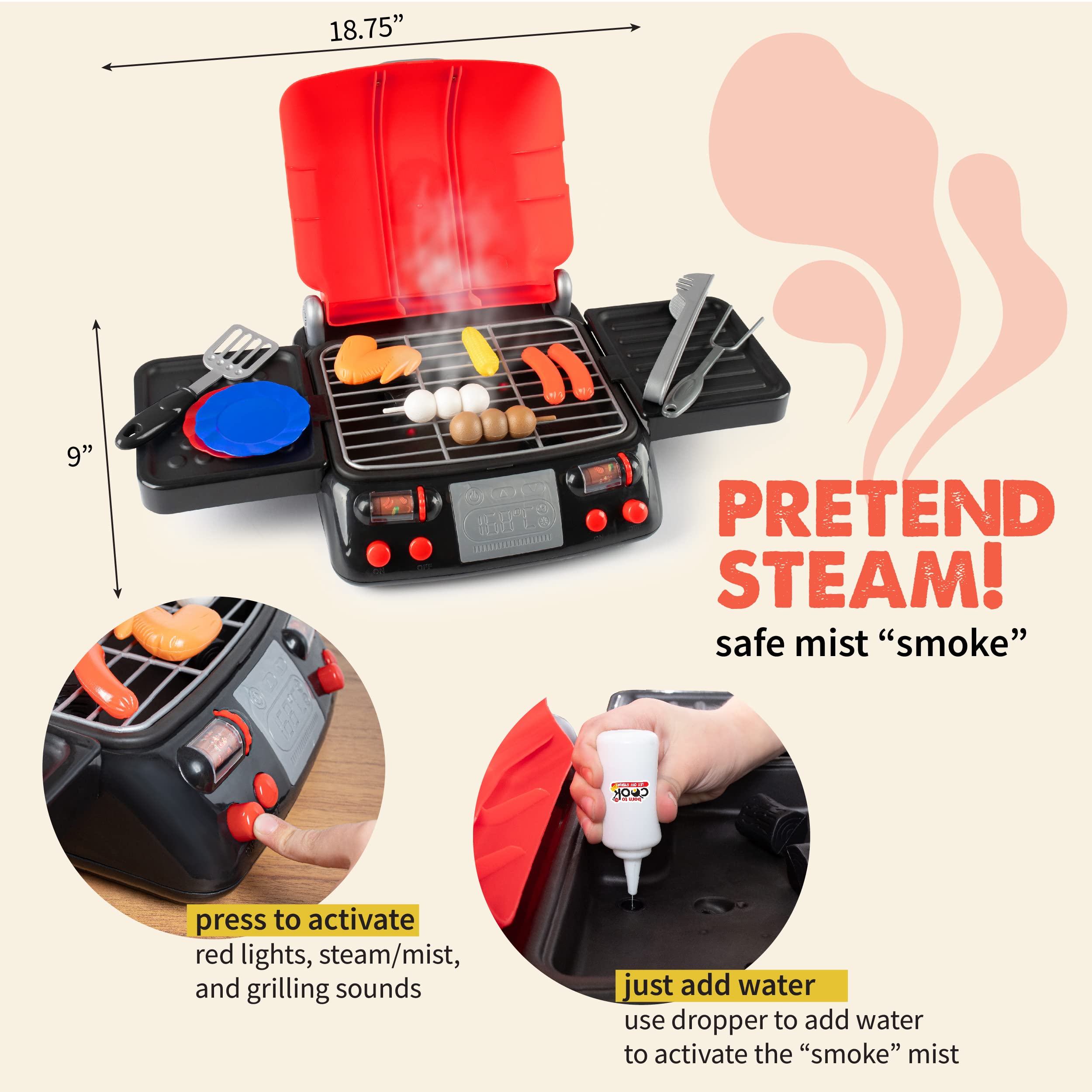 Born Toys Kids Grill Playset, Pretend Play BBQ Toys Kitchen and Baking Set, Interactive Chef Dress Up
