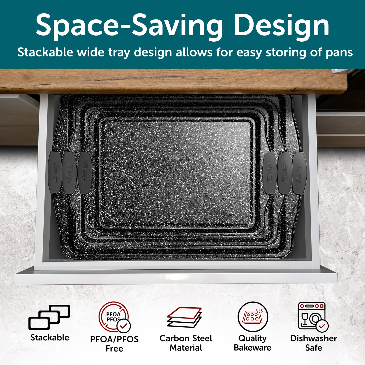 BAKKEN Cookie Sheets for Baking Nonstick Set - 3-Piece Stackable Carbon Steel Baking Sheet Pans Set with Silicone Handles, Non Toxic Cookie Sheets for Baking Bakeware Set - Gray Marble