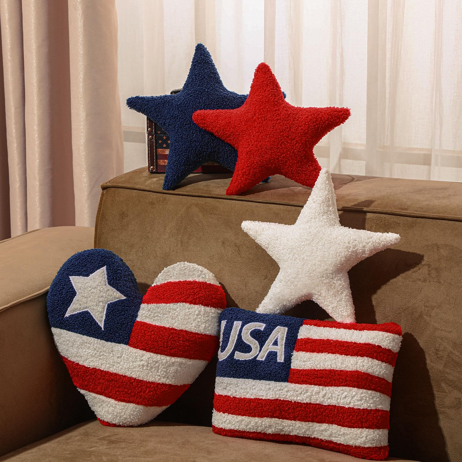 Photo 1 of Beeveer 5 Pcs Patriotic Pillows 4th of July Independence Day Wool Pillow Memorial Day Americana Farmhouse Flag Stripe USA Stars Shaped Plush Cushion for Sofa Couch Bedroom Livingroom