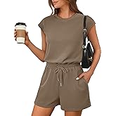 ANRABESS Rompers for Women Summer 2026 Casual Cap Sleeve Crewneck Drawstring One Piece Jumpsuit Outfits with Pockets