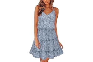 Newshows Women's 2024 Summer Dress Spaghetti Strap Casual Boho Beach Vacation Outfits Drawstring Ruffle Hem Sundress Trendy