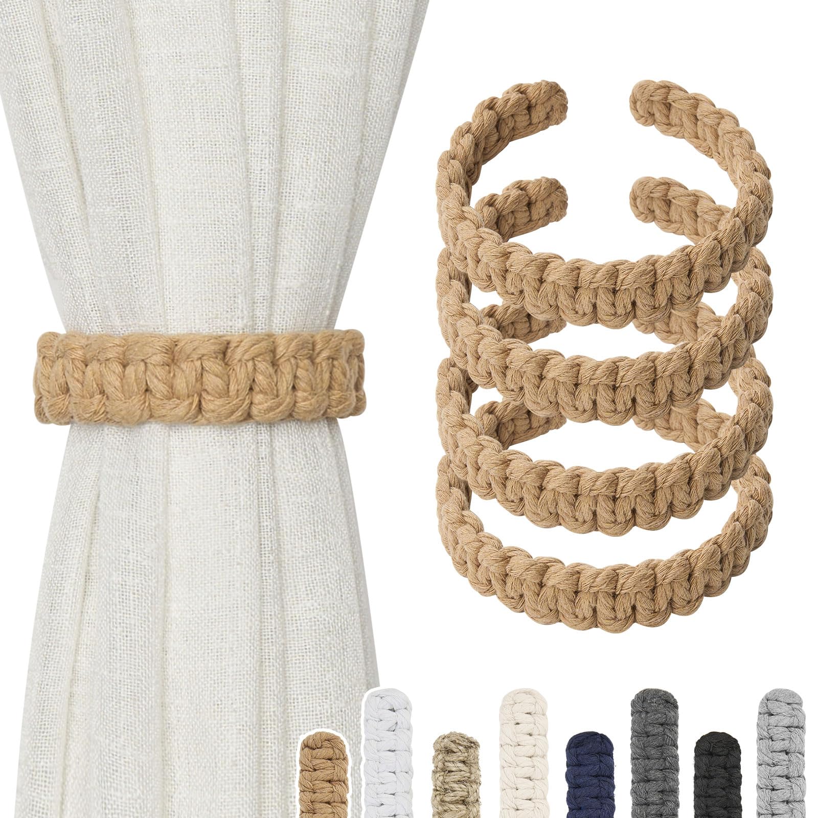 Pretty Jolly 4 Pack Natural Cotton Rope Curtain Tiebacks Farmhouse Rustic Style Decorative Drape Tie Backs Handmade Braided Curtain Holdbacks for Home Sheer/Light Weight Drapery (C-Dark Beige-S)